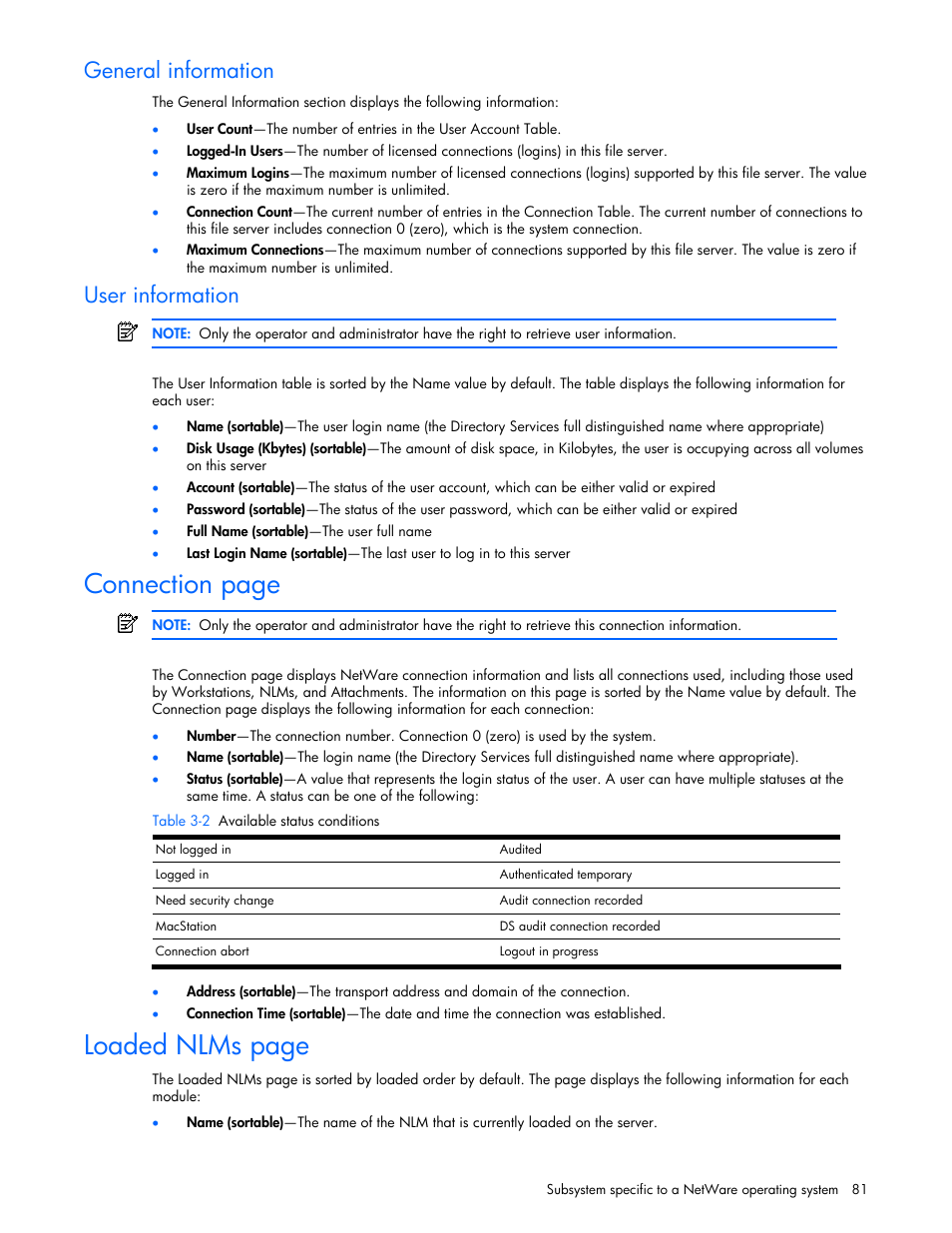 General information, User information, Connection page | Loaded nlms page | HP ProLiant DL380 G5 Server User Manual | Page 81 / 98