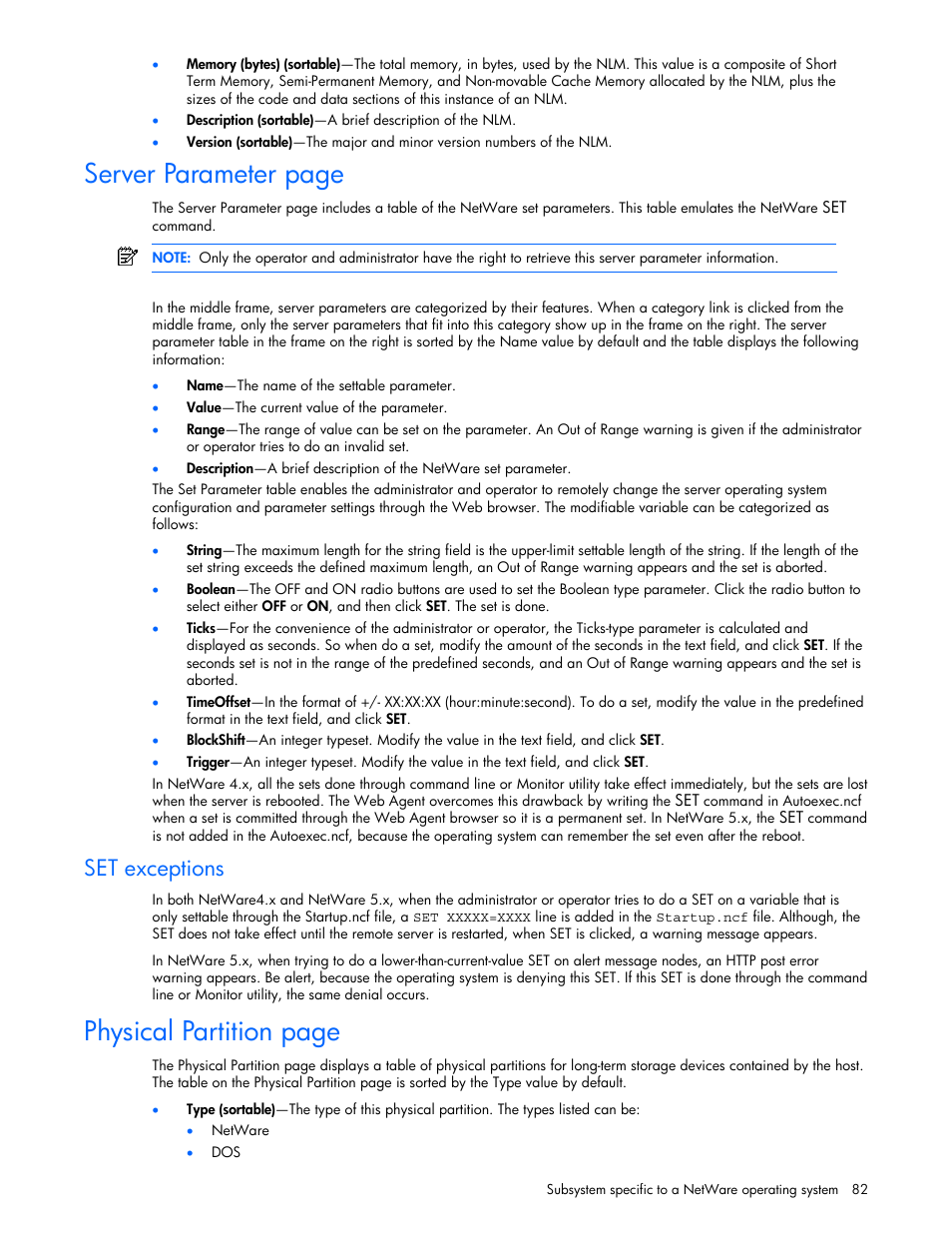 Set exceptions, Server parameter page, Physical partition page | HP ProLiant DL380 G5 Server User Manual | Page 82 / 98