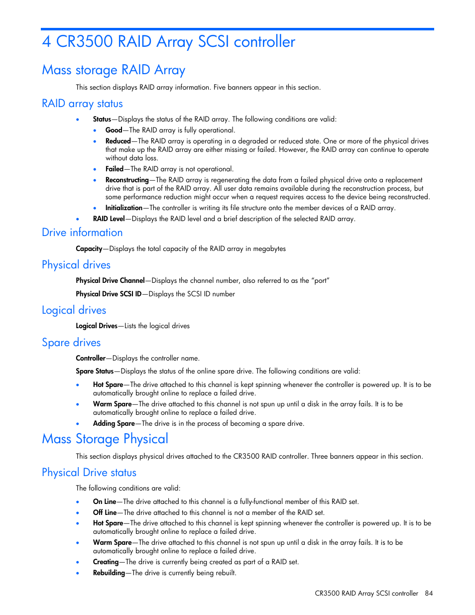 Cr3500 raid array scsi controller, Mass storage raid array, Raid array status | Drive information, Physical drives, Logical drives, Spare drives, Mass storage physical, Physical drive status | HP ProLiant DL380 G5 Server User Manual | Page 84 / 98