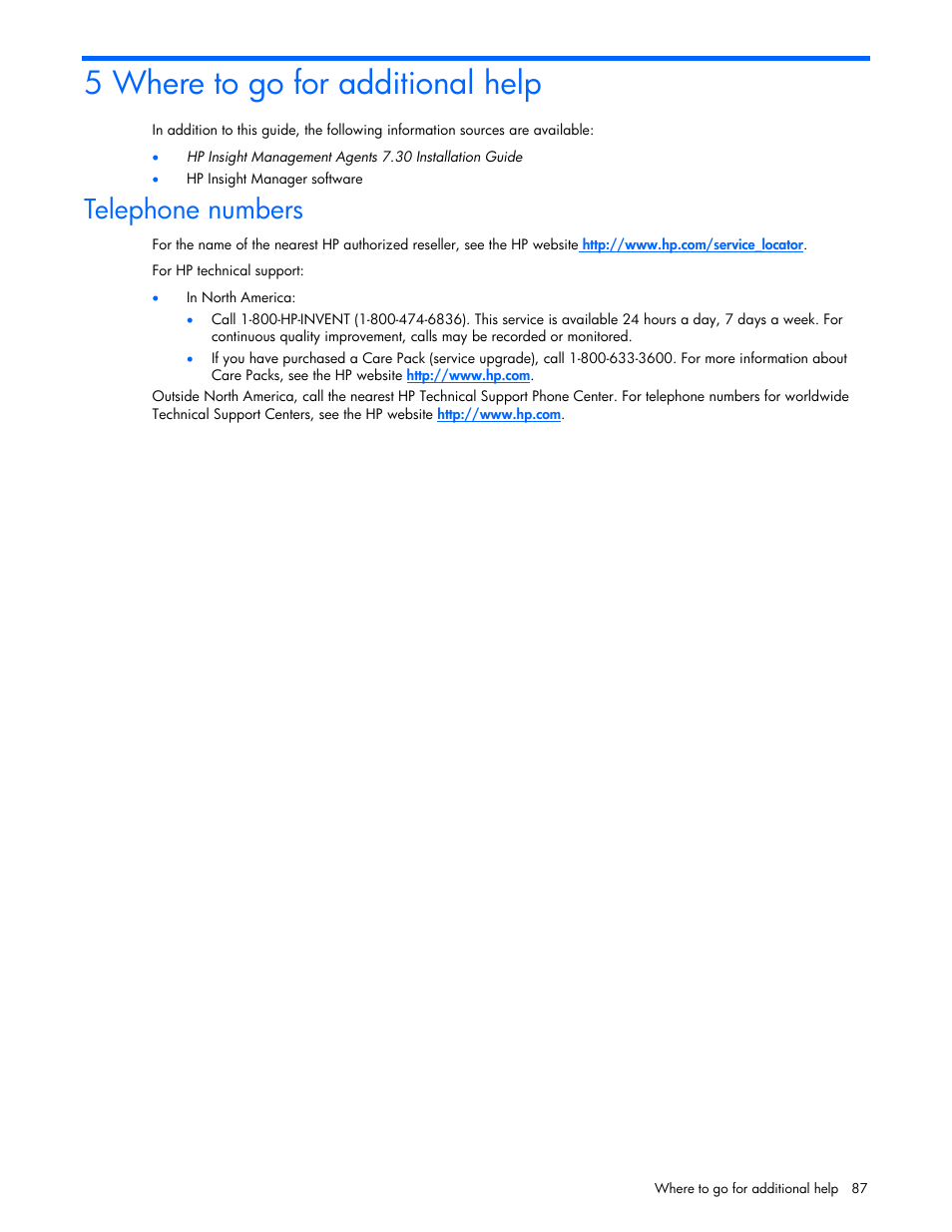 Where to go for additional help, Telephone numbers, 5 where to go for additional help | HP ProLiant DL380 G5 Server User Manual | Page 87 / 98