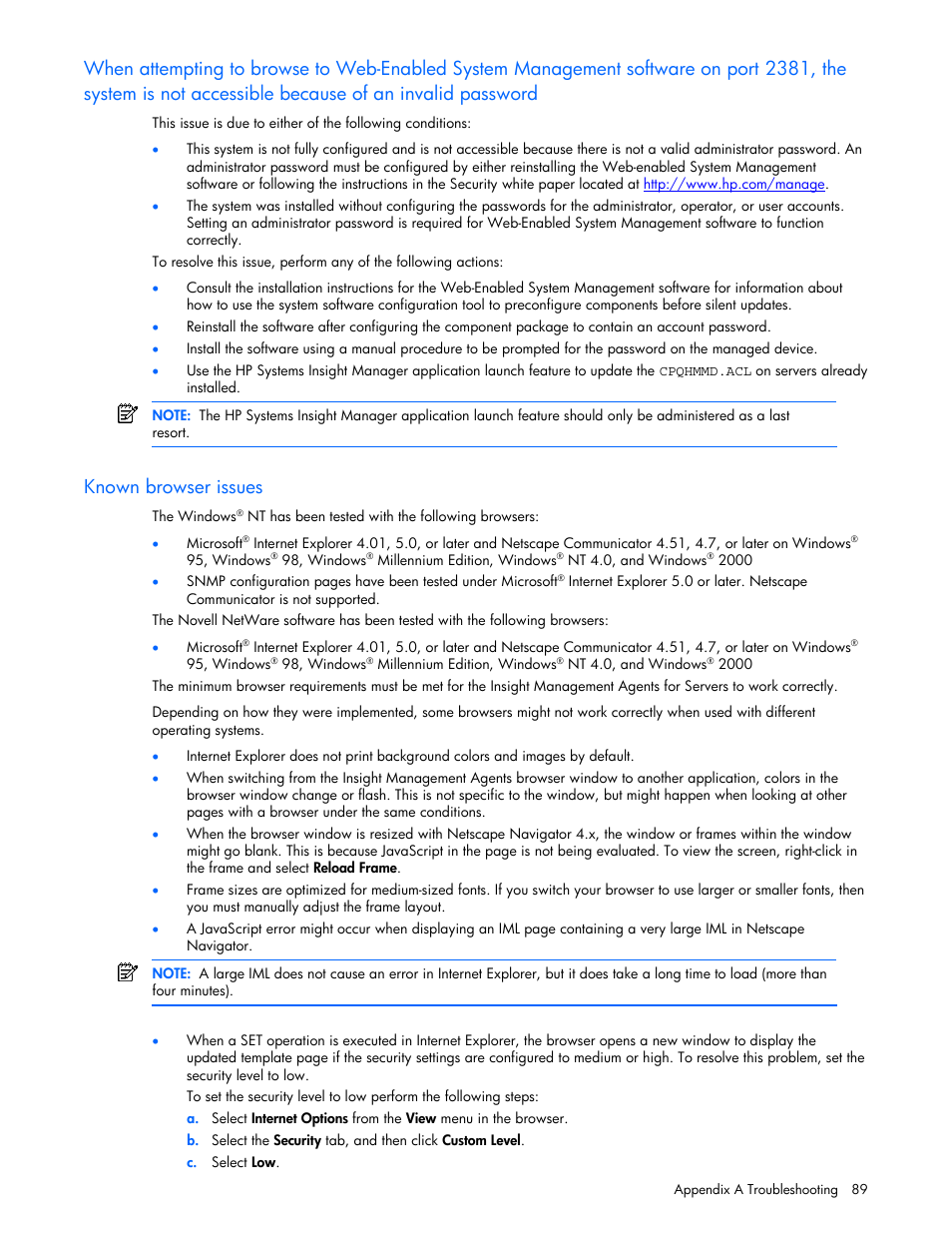 Known browser issues | HP ProLiant DL380 G5 Server User Manual | Page 89 / 98