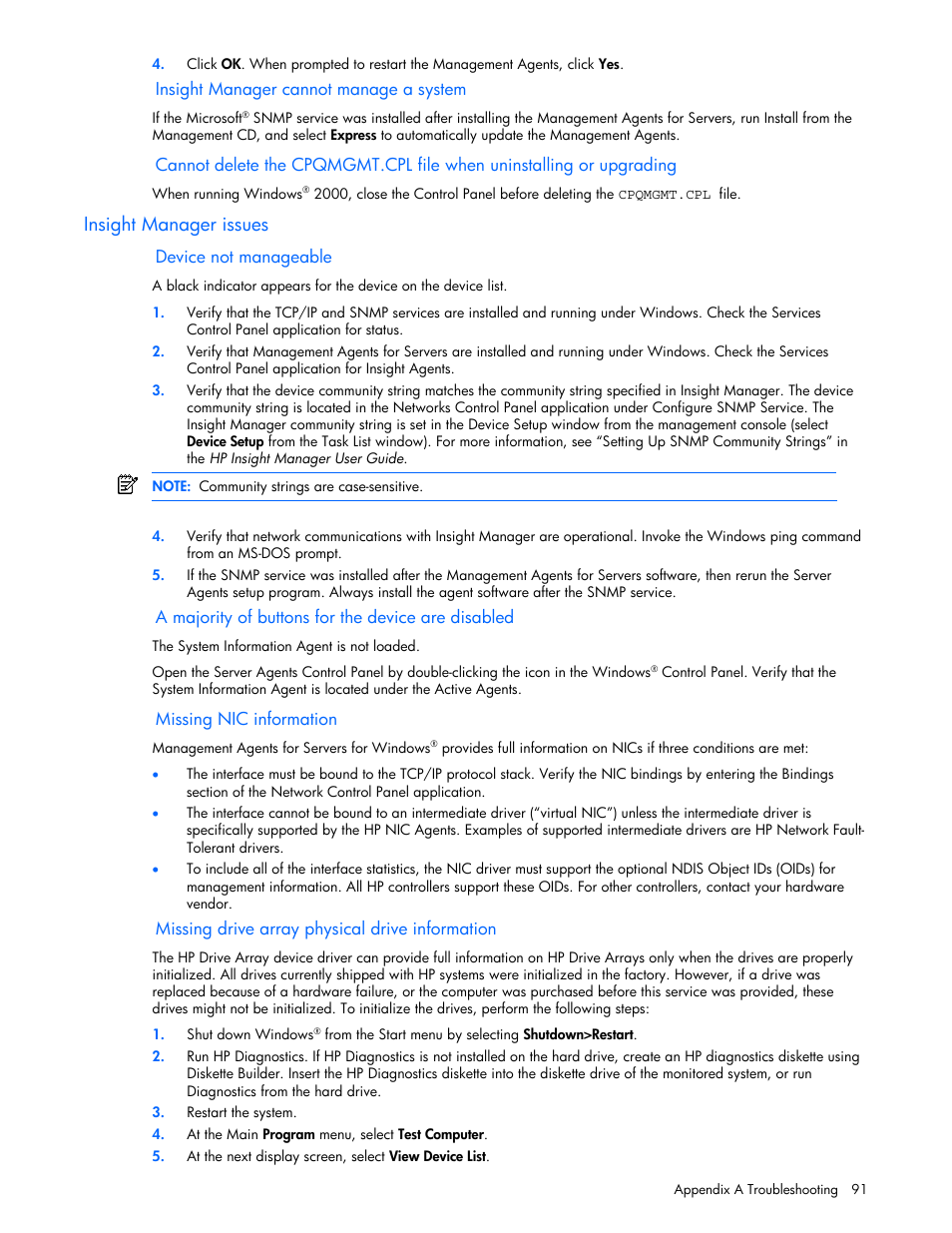 Insight manager issues | HP ProLiant DL380 G5 Server User Manual | Page 91 / 98