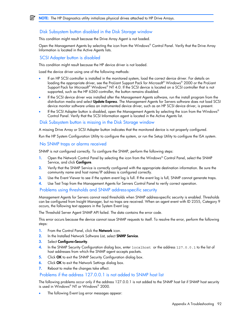 Scsi adapter button is disabled, No snmp traps or alarms received | HP ProLiant DL380 G5 Server User Manual | Page 92 / 98