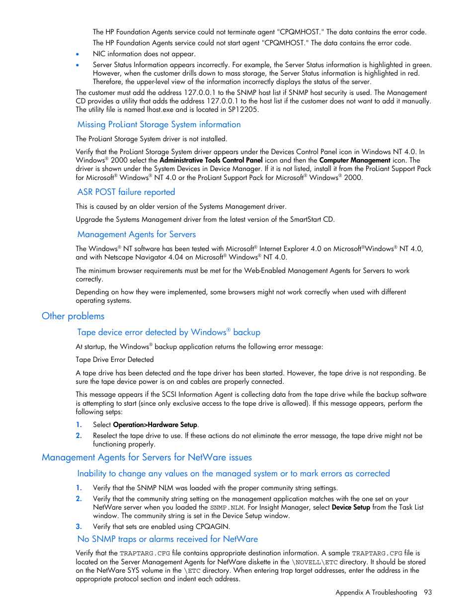 Other problems, Management agents for servers for netware issues | HP ProLiant DL380 G5 Server User Manual | Page 93 / 98