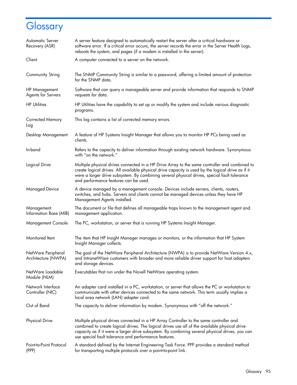 Glossary | HP ProLiant DL380 G5 Server User Manual | Page 95 / 98