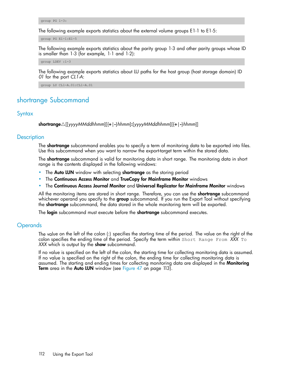 Shortrange subcommand, Syntax, Description | Operands | HP XP Array Manager Software User Manual | Page 112 / 129