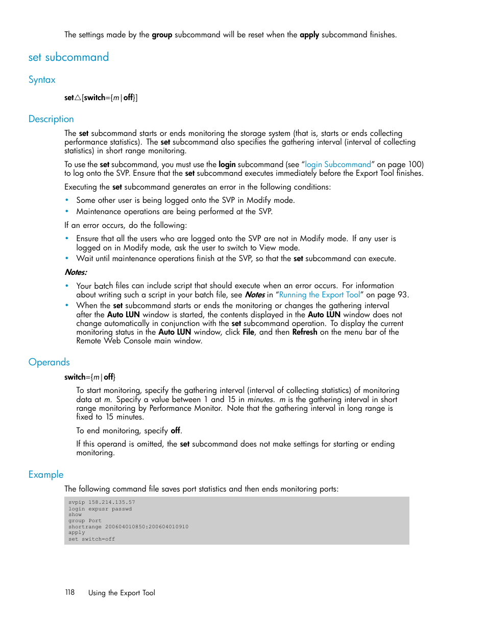 Set subcommand, Syntax, Description | Operands, Example | HP XP Array Manager Software User Manual | Page 118 / 129