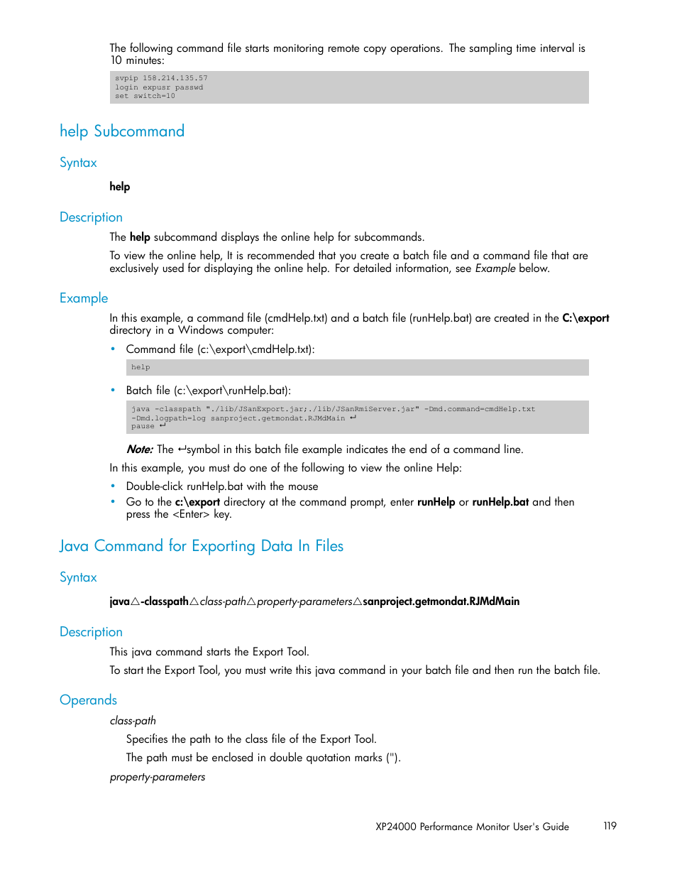 Help subcommand, Syntax, Description | Example, Java command for exporting data in files, Operands | HP XP Array Manager Software User Manual | Page 119 / 129