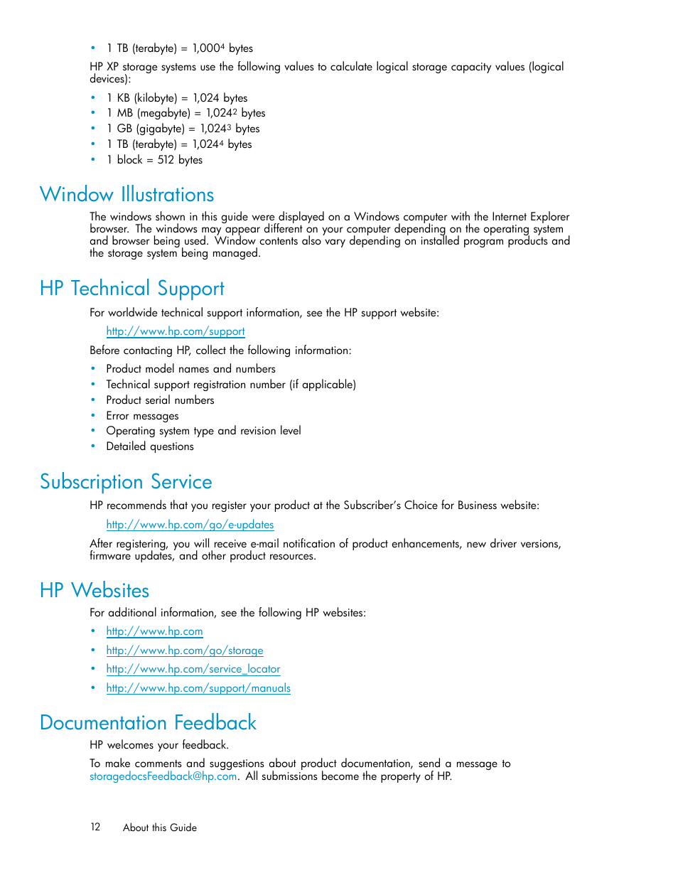Window illustrations, Hp technical support, Subscription service | Hp websites, Documentation feedback | HP XP Array Manager Software User Manual | Page 12 / 129