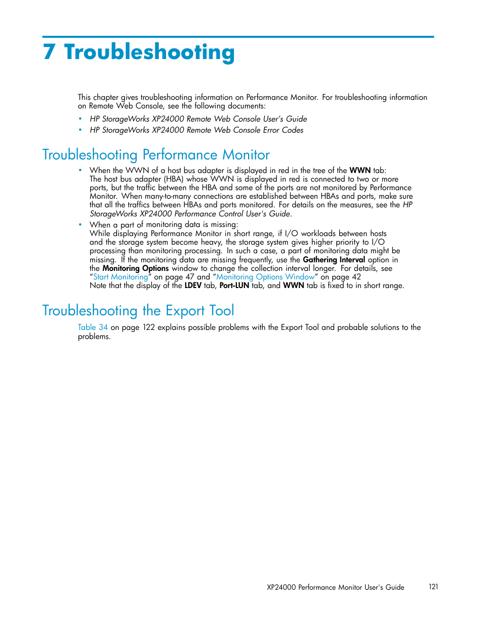 7 troubleshooting, Troubleshooting performance monitor, Troubleshooting the export tool | HP XP Array Manager Software User Manual | Page 121 / 129