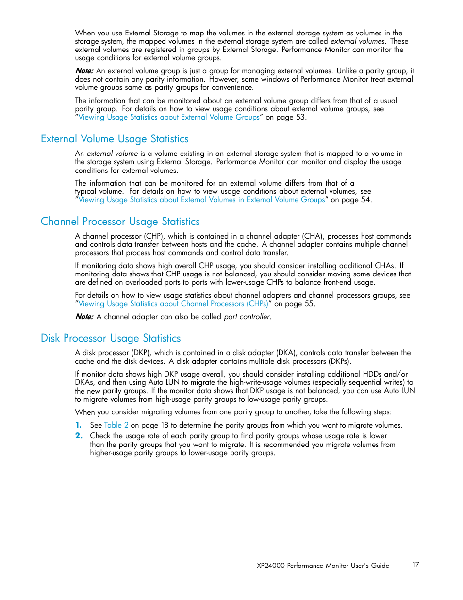 External volume usage statistics, Channel processor usage statistics, Disk processor usage statistics | HP XP Array Manager Software User Manual | Page 17 / 129