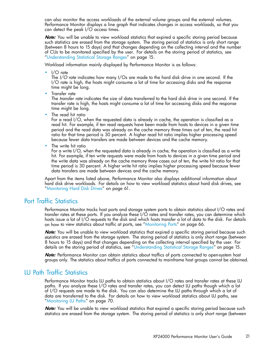 Port trafﬁc statistics, Lu path trafﬁc statistics | HP XP Array Manager Software User Manual | Page 21 / 129