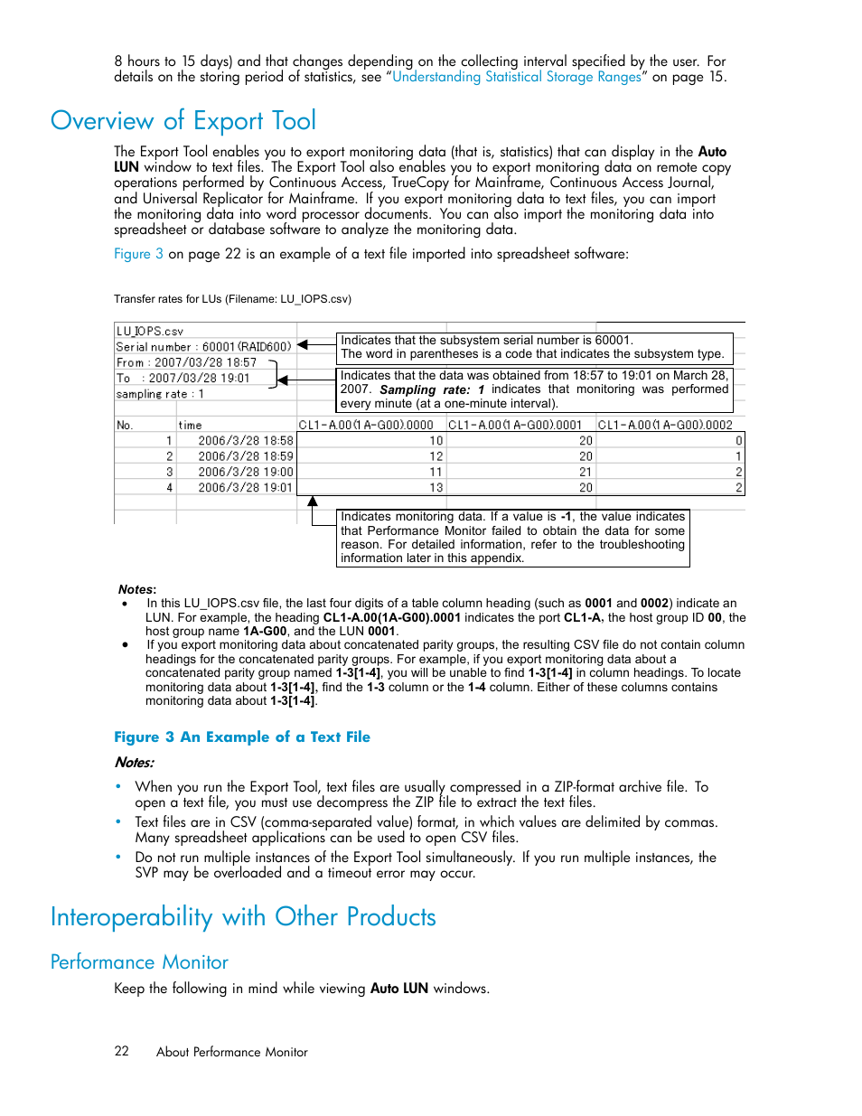 Overview of export tool, Interoperability with other products, Performance monitor | 3 an example of a text file | HP XP Array Manager Software User Manual | Page 22 / 129