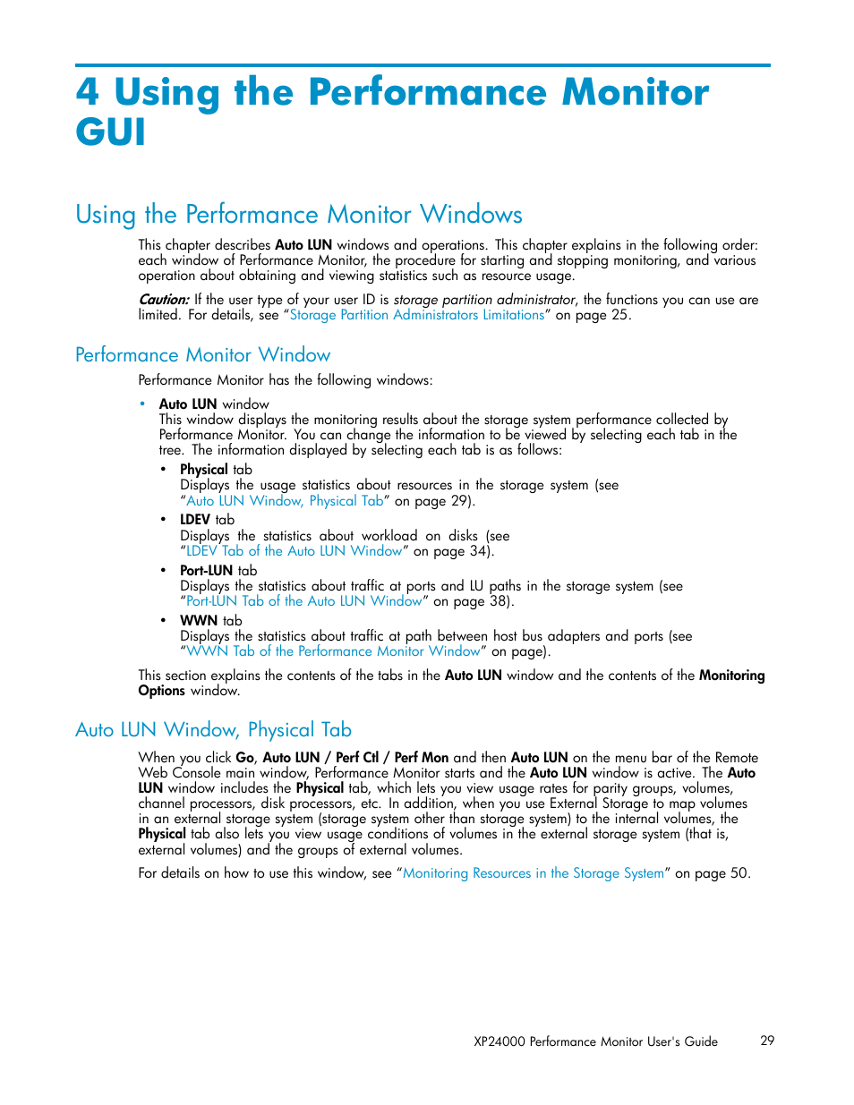 4 using the performance monitor gui, Using the performance monitor windows, Performance monitor window | Auto lun window, physical tab | HP XP Array Manager Software User Manual | Page 29 / 129