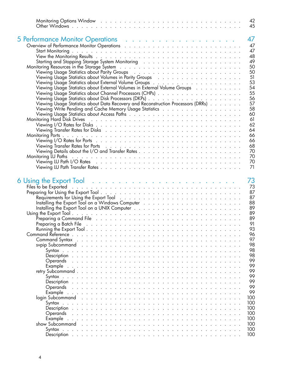 5 performance monitor operations, 6 using the export tool | HP XP Array Manager Software User Manual | Page 4 / 129