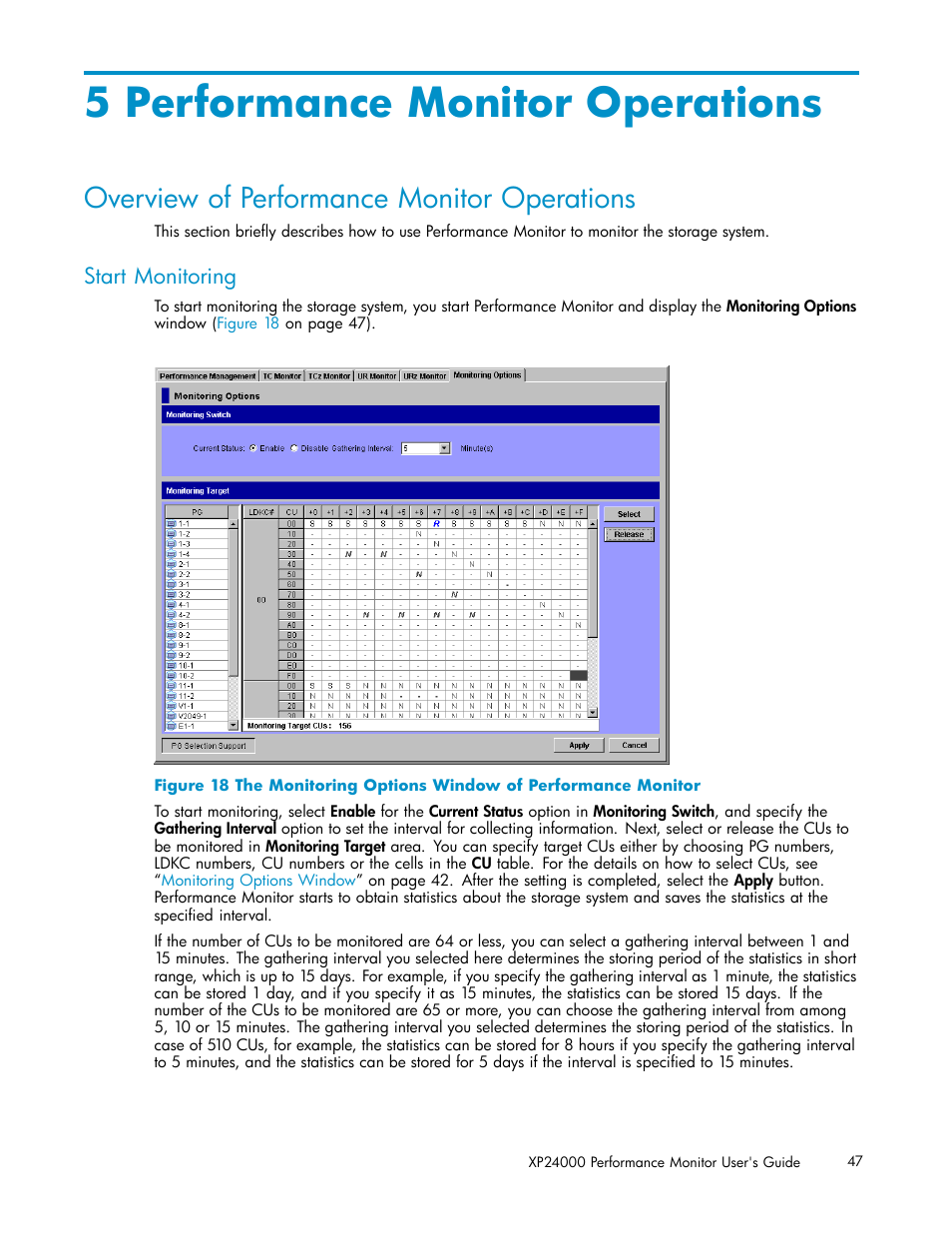 5 performance monitor operations, Overview of performance monitor operations, Start monitoring | HP XP Array Manager Software User Manual | Page 47 / 129