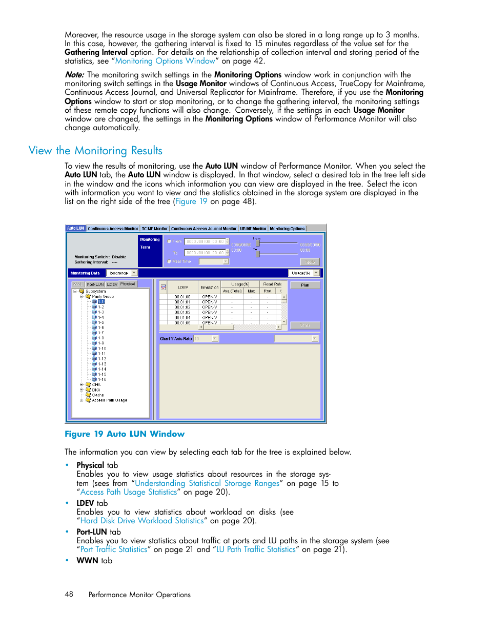 View the monitoring results, 19 auto lun window | HP XP Array Manager Software User Manual | Page 48 / 129