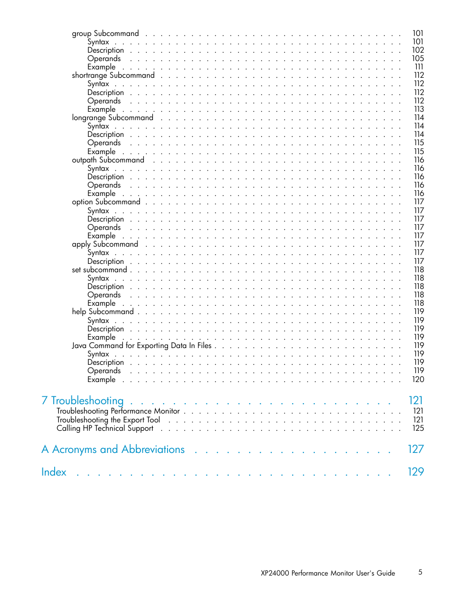 7 troubleshooting, A acronyms and abbreviations index | HP XP Array Manager Software User Manual | Page 5 / 129