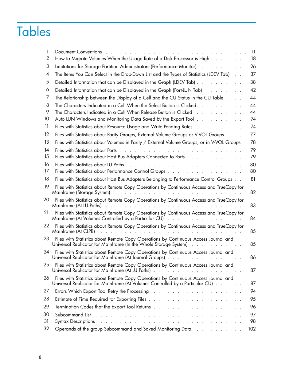 Tables | HP XP Array Manager Software User Manual | Page 8 / 129