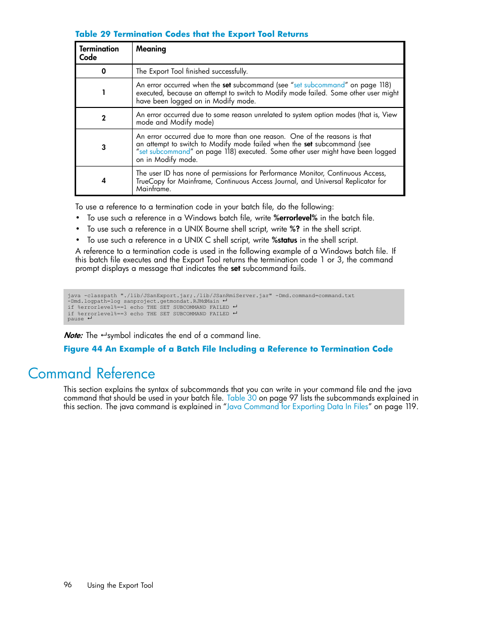 Command reference, 29 termination codes that the export tool returns, Table 29 | HP XP Array Manager Software User Manual | Page 96 / 129