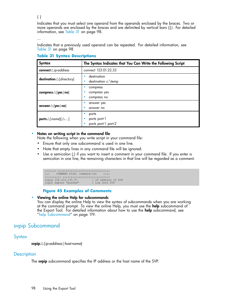 Svpip subcommand, Syntax, Description | 45 examples of comments, 31 syntax descriptions, Table 31 | HP XP Array Manager Software User Manual | Page 98 / 129