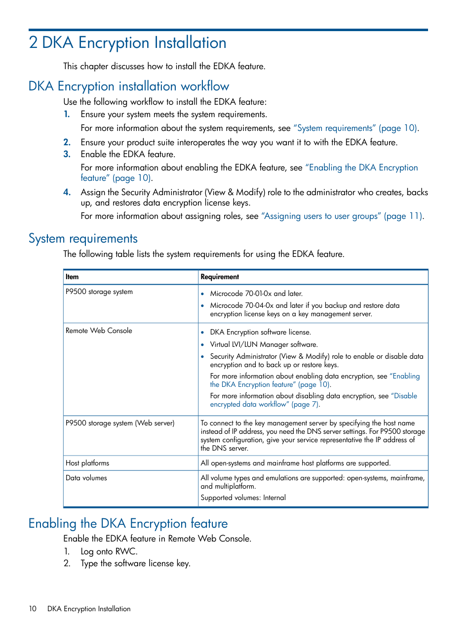 2 dka encryption installation, Dka encryption installation workflow, System requirements | Enabling the dka encryption feature | HP StorageWorks XP Data Integrity Check XP Software User Manual | Page 10 / 56
