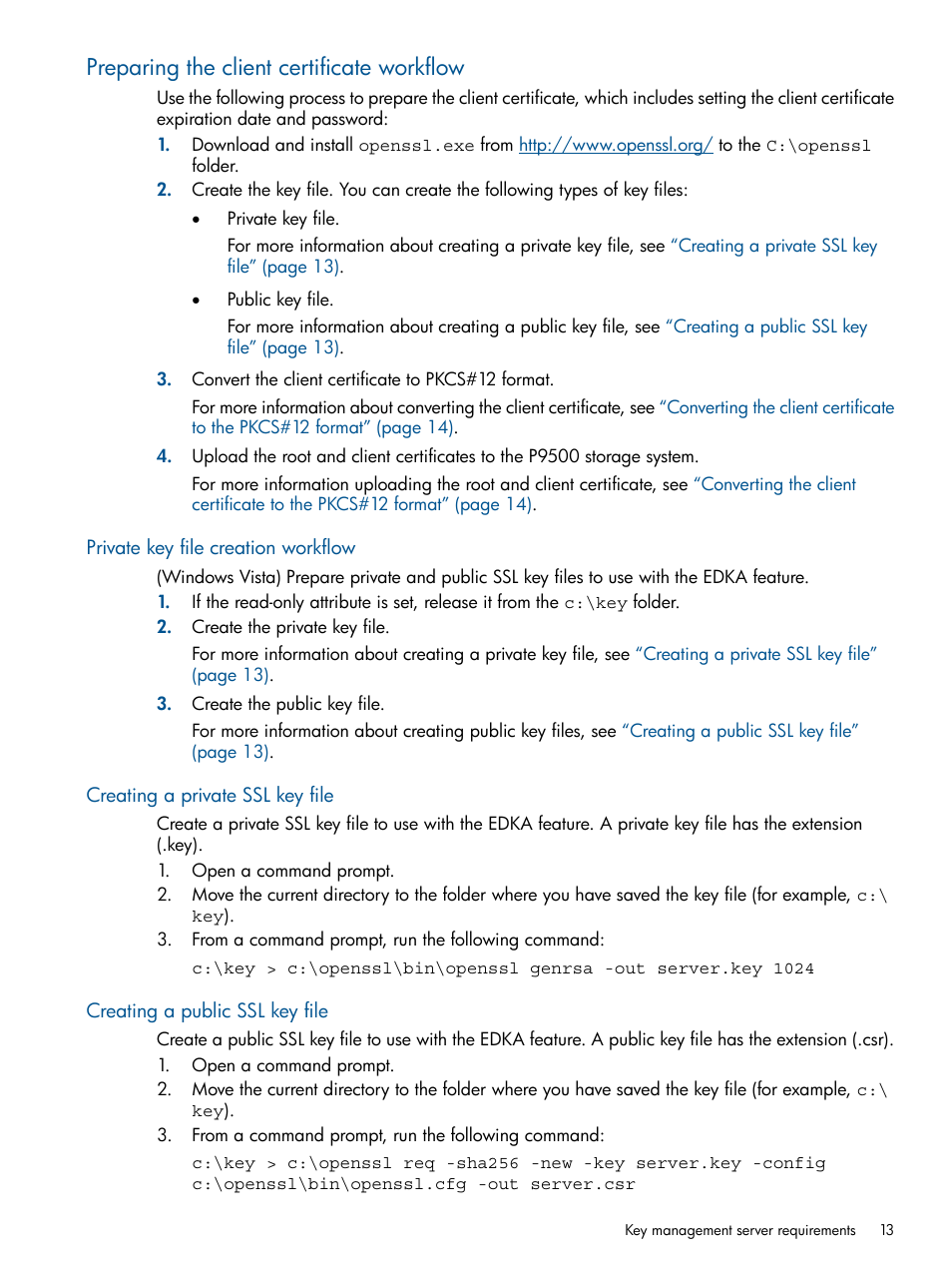 Preparing the client certificate workflow, Private key file creation workflow, Creating a private ssl key file | Creating a public ssl key file | HP StorageWorks XP Data Integrity Check XP Software User Manual | Page 13 / 56