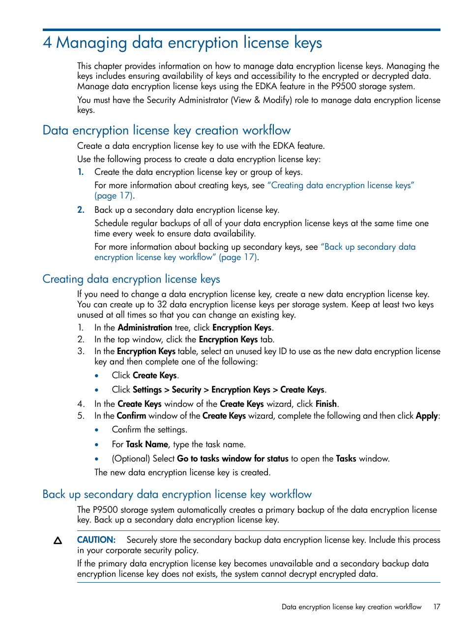 4 managing data encryption license keys, Data encryption license key creation workflow, Creating data encryption license keys | Back up, Back up secondary data | HP StorageWorks XP Data Integrity Check XP Software User Manual | Page 17 / 56