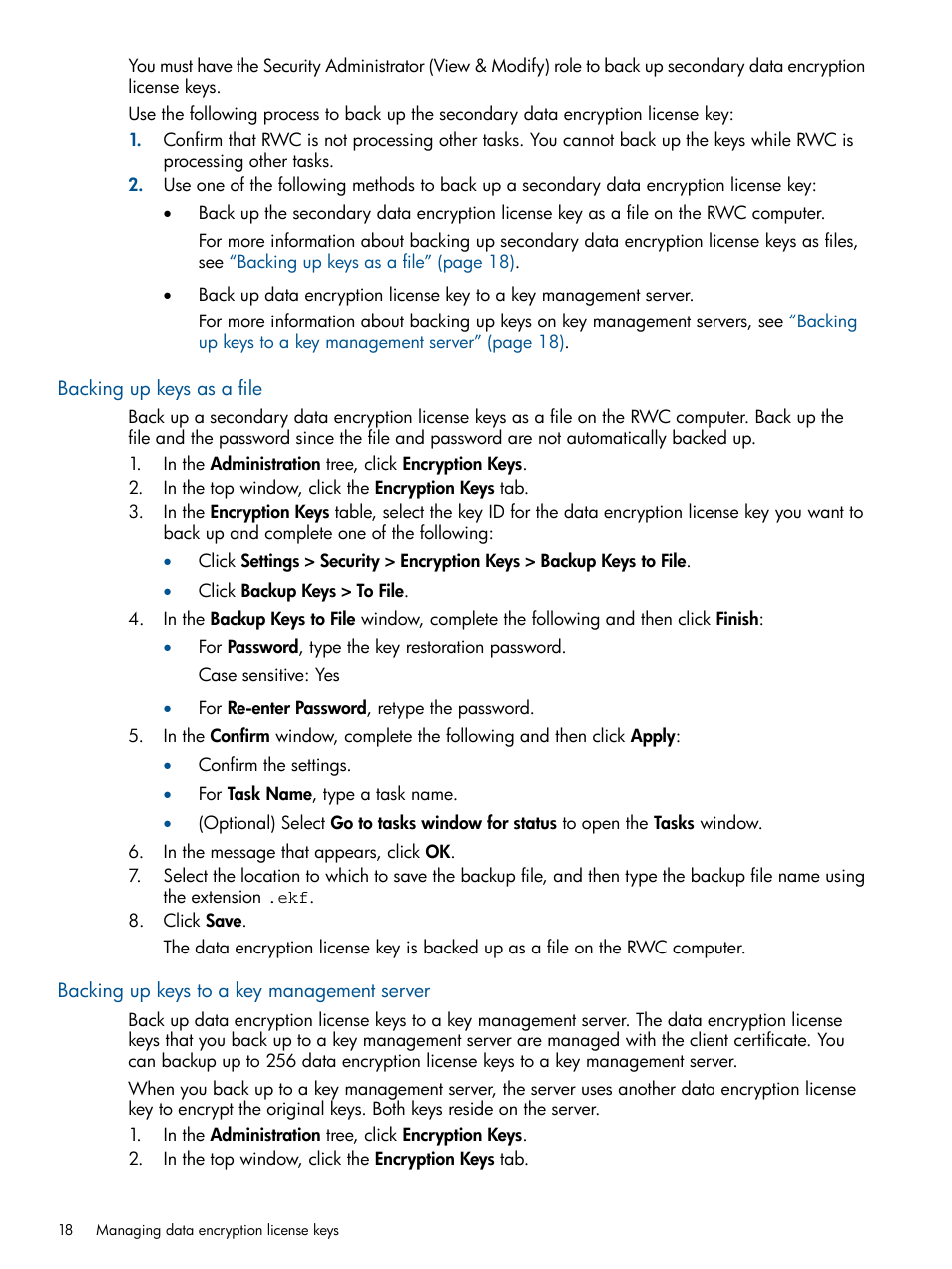 Backing up keys as a file, Backing up keys to a key management server | HP StorageWorks XP Data Integrity Check XP Software User Manual | Page 18 / 56