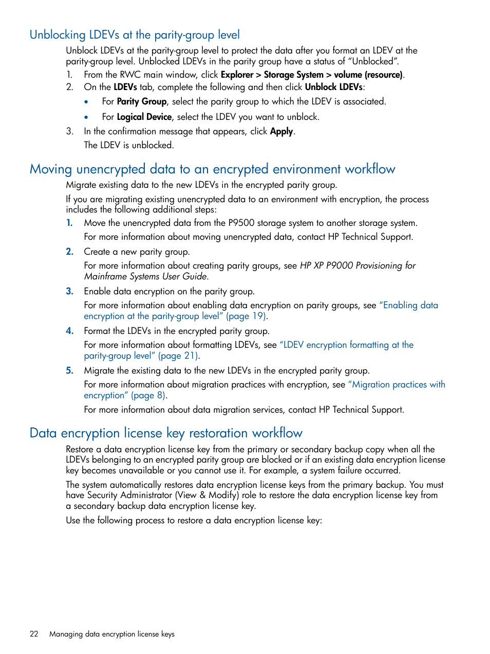 Unblocking ldevs at the parity-group level, Data encryption license key restoration workflow, Unblocking ldevs at the parity-group | HP StorageWorks XP Data Integrity Check XP Software User Manual | Page 22 / 56