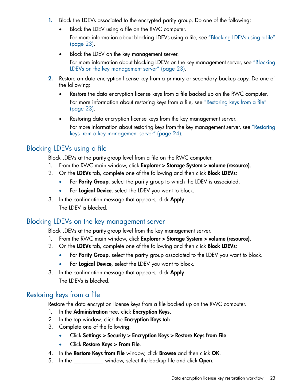 Blocking ldevs using a file, Blocking ldevs on the key management server, Restoring keys from a file | Blocking | HP StorageWorks XP Data Integrity Check XP Software User Manual | Page 23 / 56