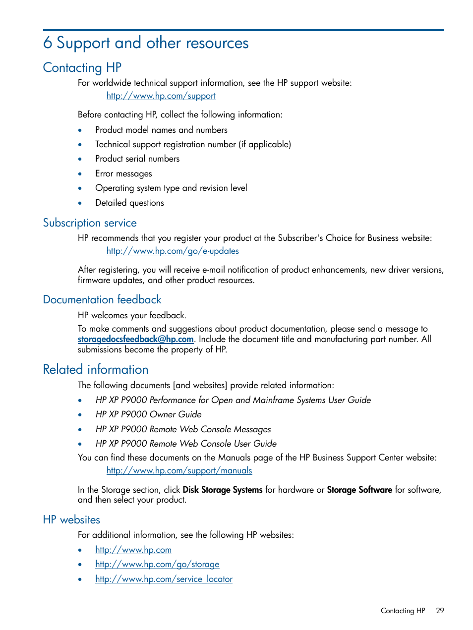 6 support and other resources, Contacting hp, Subscription service | Documentation feedback, Related information, Hp websites, Subscription service documentation feedback | HP StorageWorks XP Data Integrity Check XP Software User Manual | Page 29 / 56