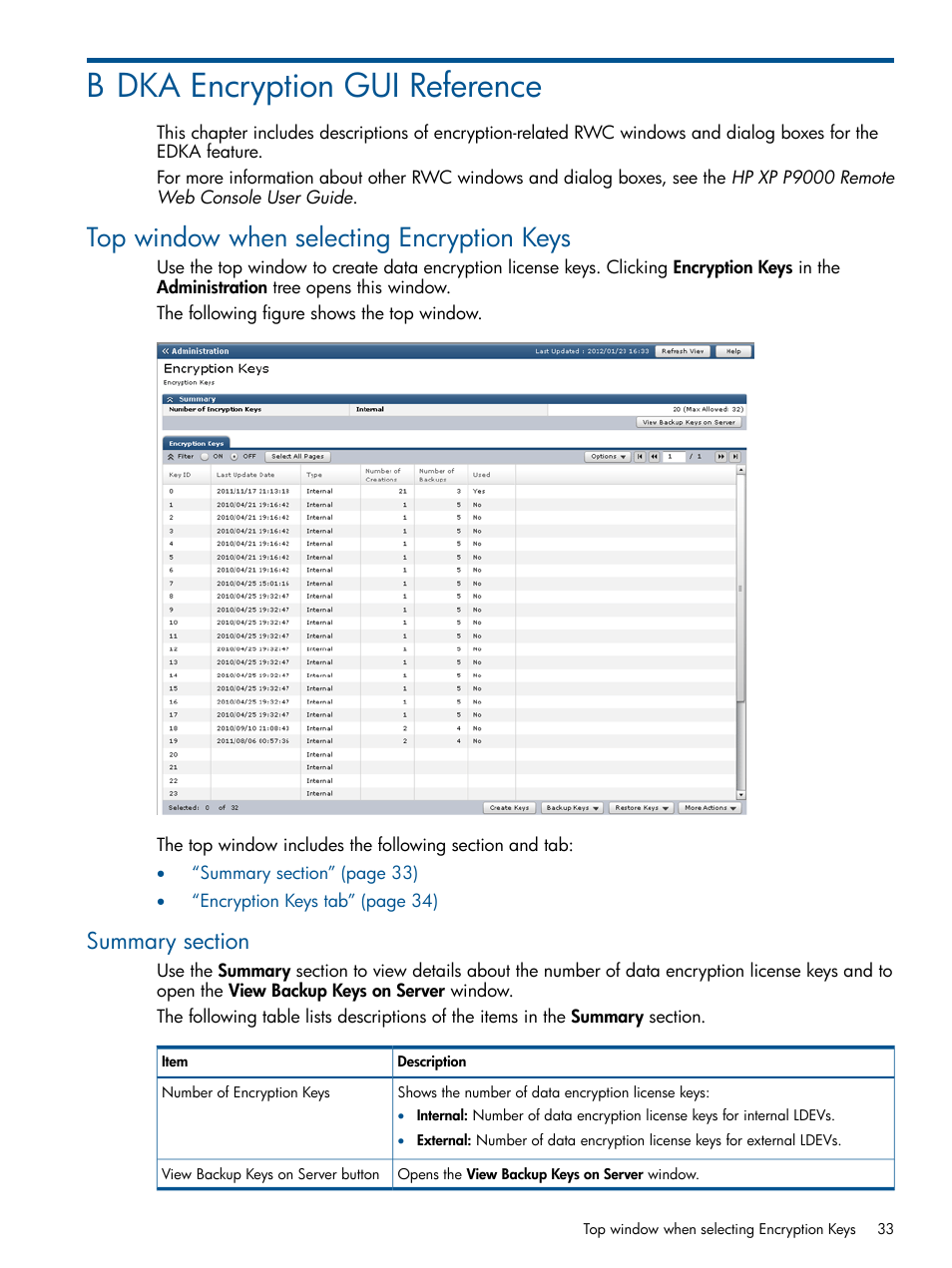 B dka encryption gui reference, Top window when selecting encryption keys, Summary section | HP StorageWorks XP Data Integrity Check XP Software User Manual | Page 33 / 56