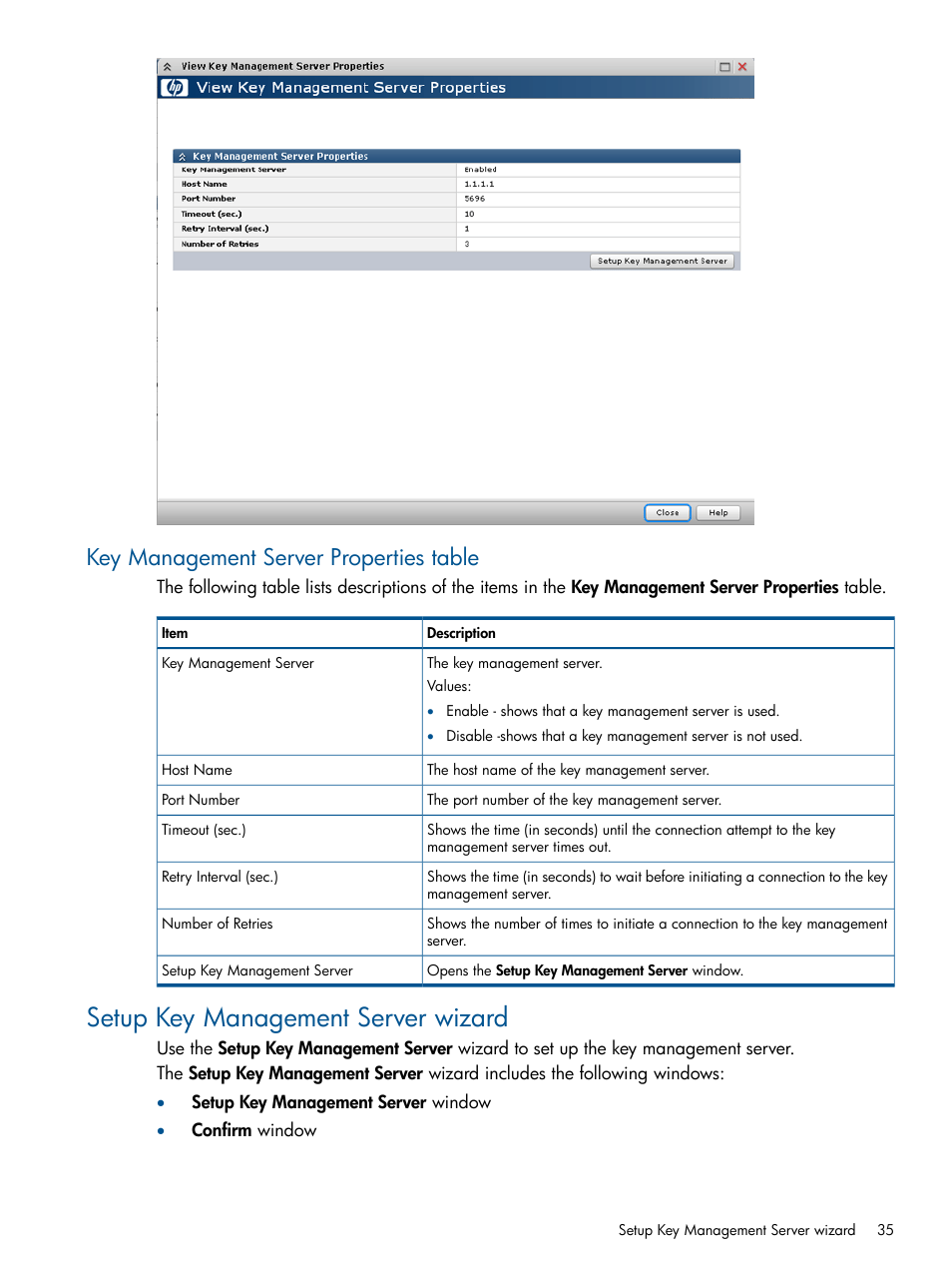 Key management server properties table, Setup key management server wizard | HP StorageWorks XP Data Integrity Check XP Software User Manual | Page 35 / 56