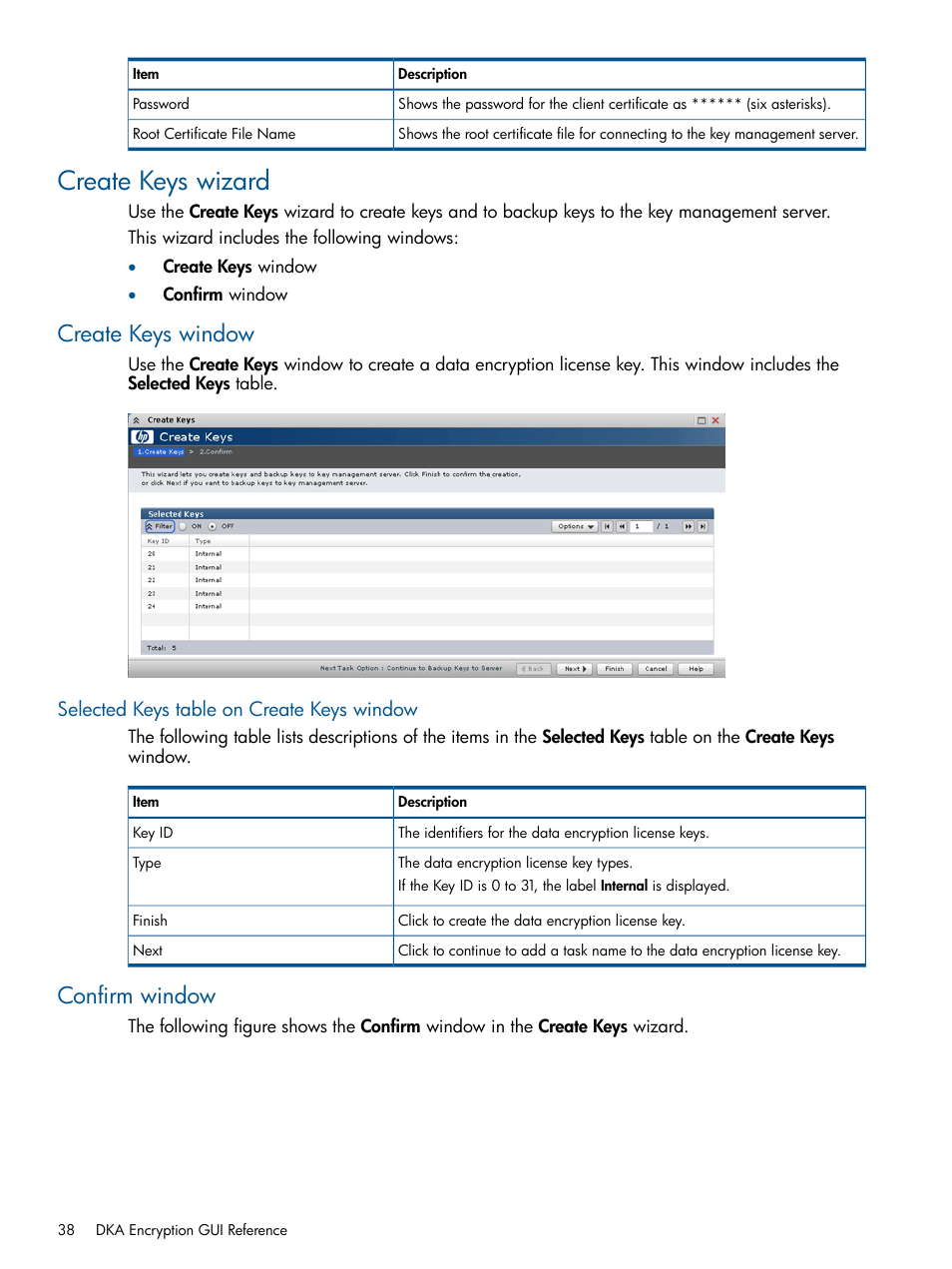 Create keys wizard, Create keys window, Selected keys table on create keys window | Confirm window | HP StorageWorks XP Data Integrity Check XP Software User Manual | Page 38 / 56