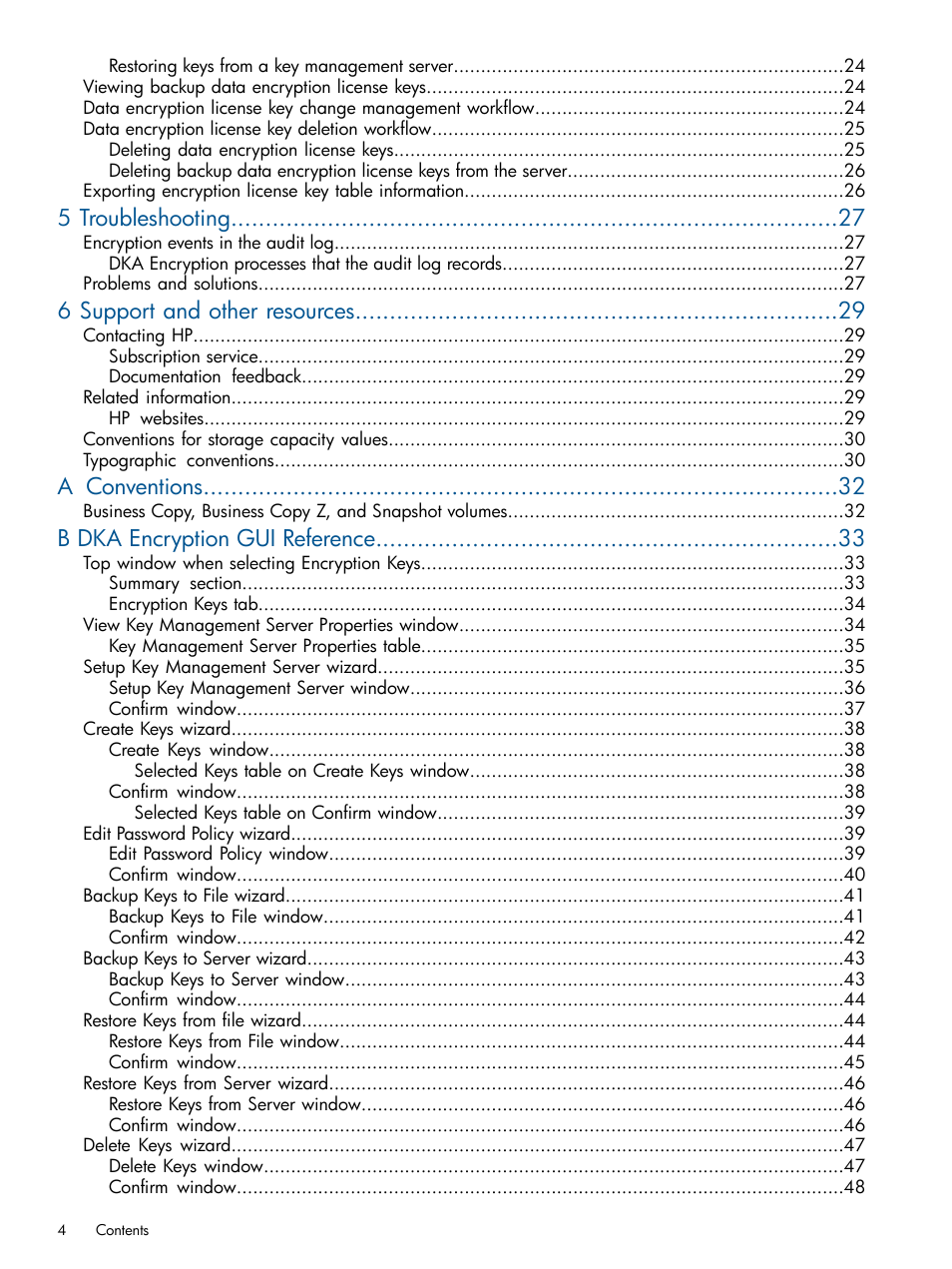 5 troubleshooting, 6 support and other resources, A conventions | B dka encryption gui reference | HP StorageWorks XP Data Integrity Check XP Software User Manual | Page 4 / 56