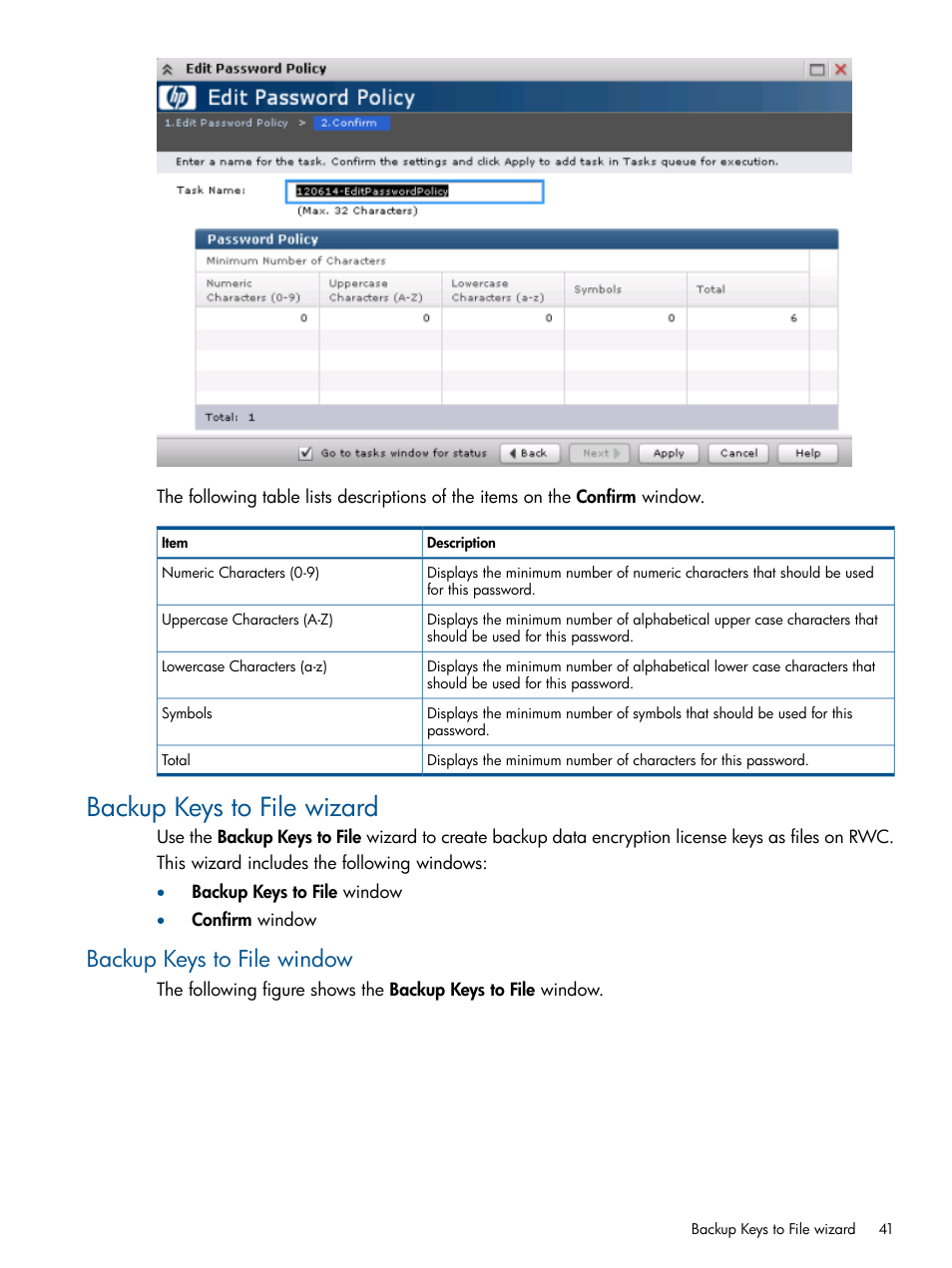 Backup keys to file wizard, Backup keys to file window | HP StorageWorks XP Data Integrity Check XP Software User Manual | Page 41 / 56