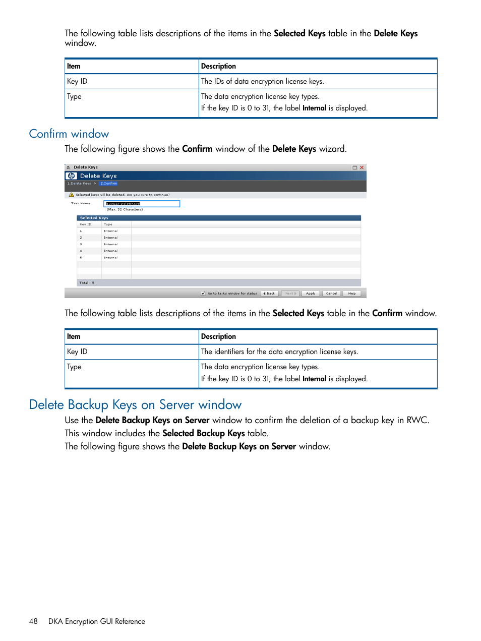 Confirm window, Delete backup keys on server window | HP StorageWorks XP Data Integrity Check XP Software User Manual | Page 48 / 56