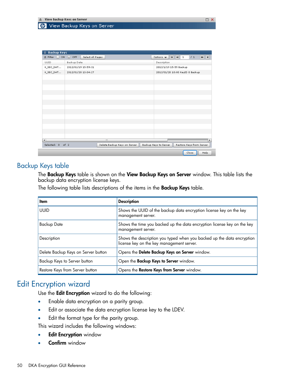 Backup keys table, Edit encryption wizard | HP StorageWorks XP Data Integrity Check XP Software User Manual | Page 50 / 56