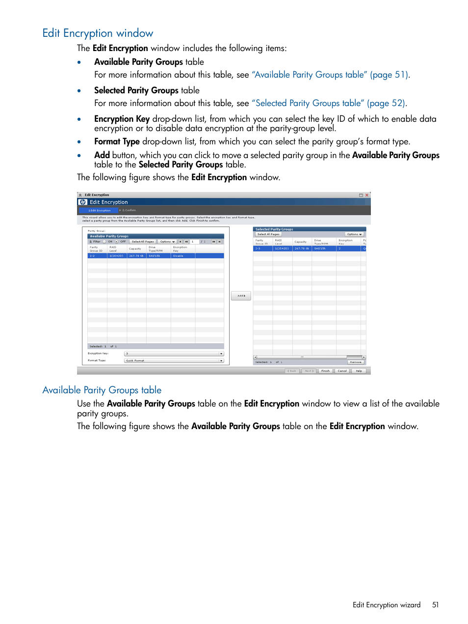 Edit encryption window, Available parity groups table | HP StorageWorks XP Data Integrity Check XP Software User Manual | Page 51 / 56