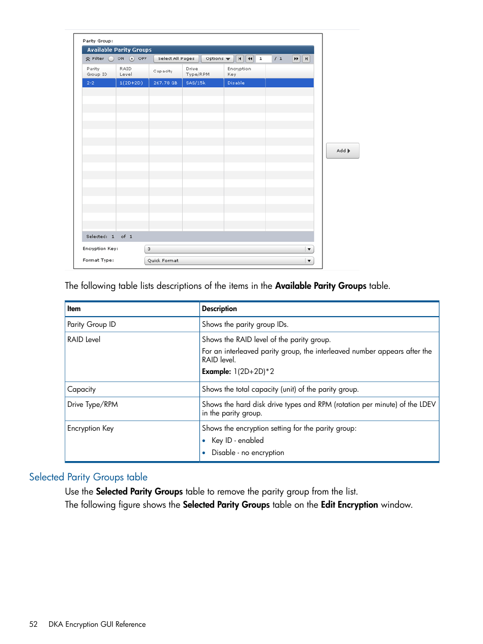 Selected parity groups table | HP StorageWorks XP Data Integrity Check XP Software User Manual | Page 52 / 56