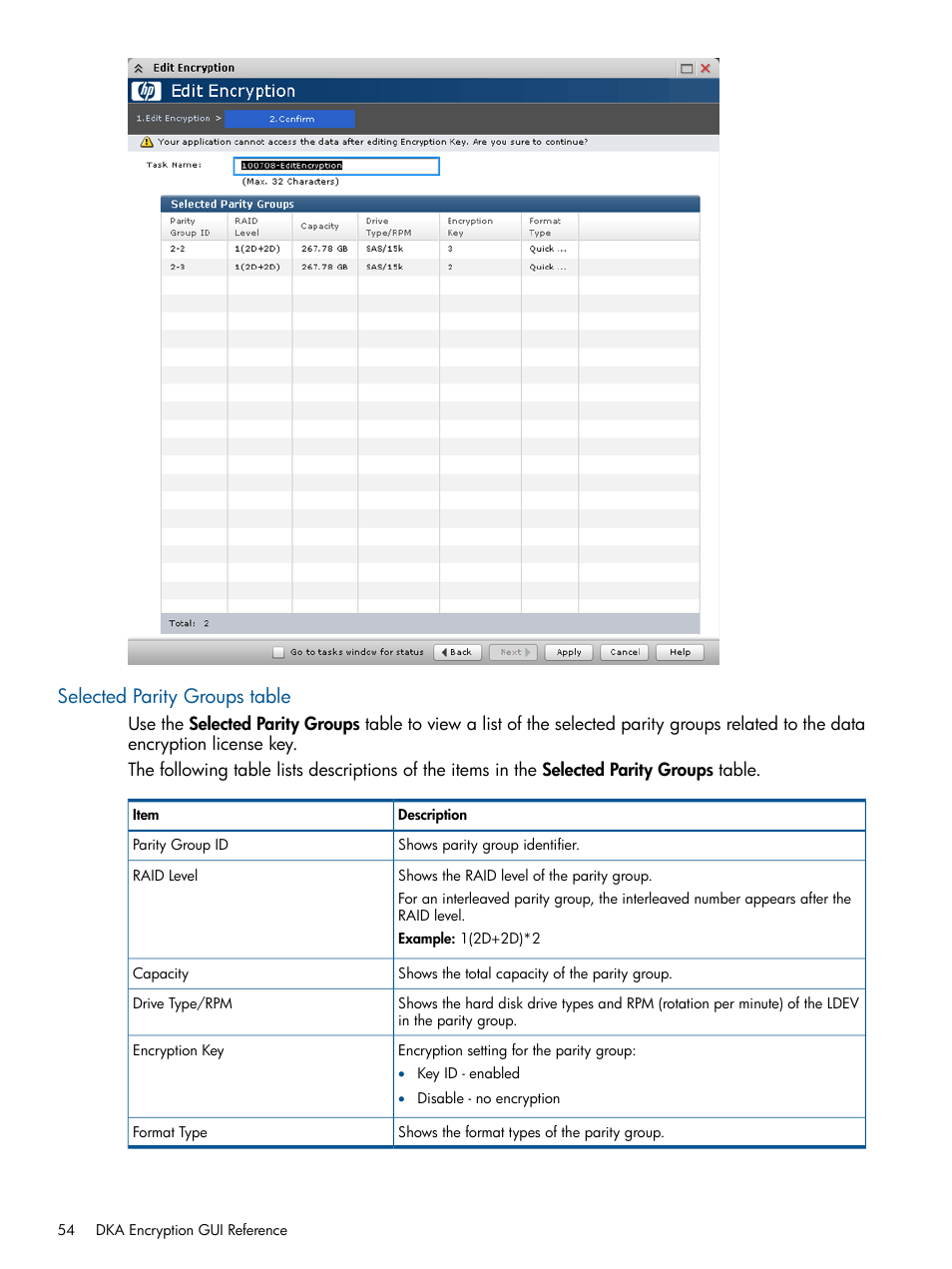 Selected parity groups table | HP StorageWorks XP Data Integrity Check XP Software User Manual | Page 54 / 56