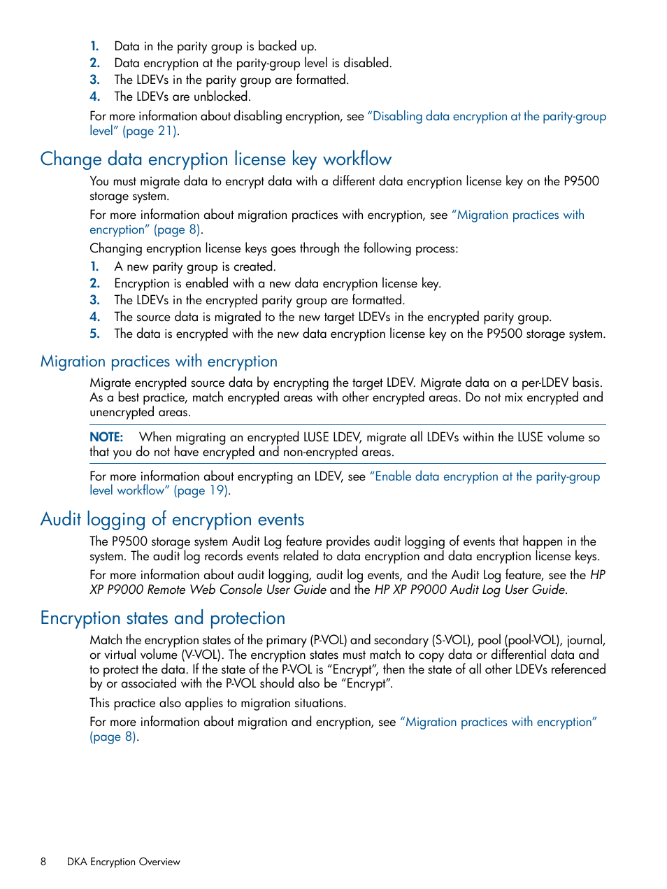 Change data encryption license key workflow, Migration practices with encryption, Audit logging of encryption events | Encryption states and protection | HP StorageWorks XP Data Integrity Check XP Software User Manual | Page 8 / 56