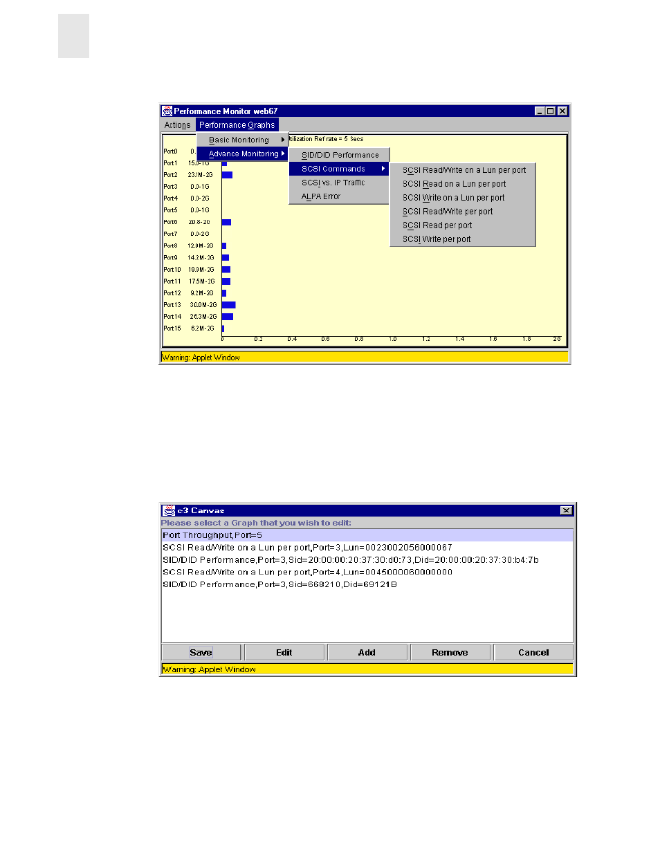 Figure 1-1 accessing predefined performance graphs, User-defined graphs, Figure 1-2 user-defined graphs | HP StorageWorks 8B FC Entry Switch User Manual | Page 12 / 44