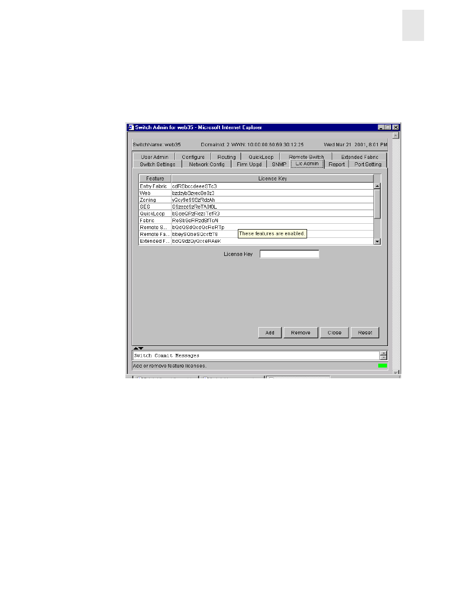 Select the license admin tab, Figure 2-2 license admin tab | HP StorageWorks 8B FC Entry Switch User Manual | Page 19 / 44