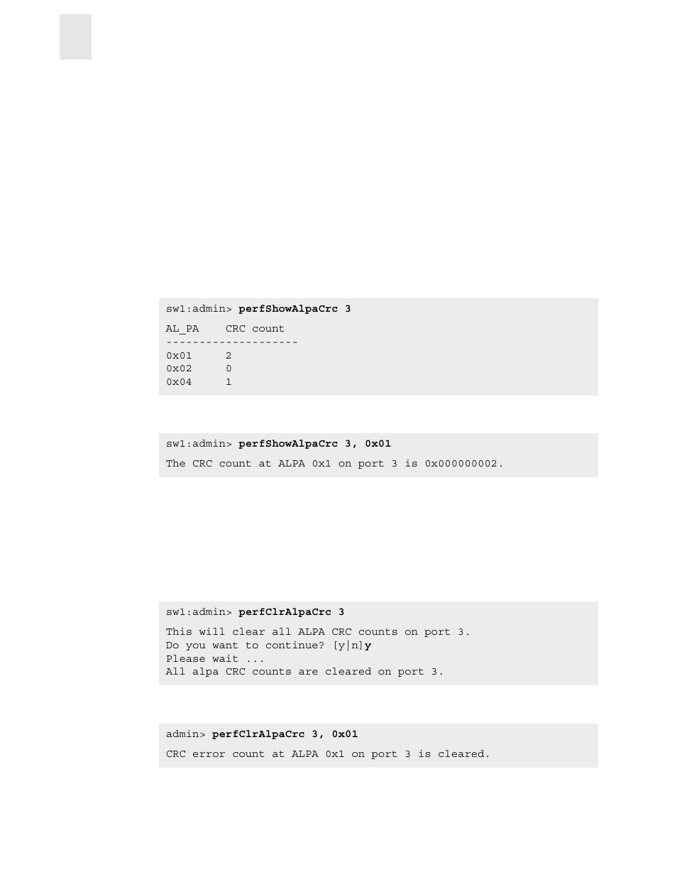 Al_pa performance monitoring, Displaying the crc error count, Clearing the crc error count | HP StorageWorks 8B FC Entry Switch User Manual | Page 22 / 44