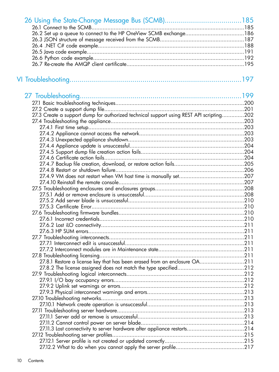 26 using the state-change message bus (scmb), Vi troubleshooting 27 troubleshooting | HP OneView User Manual | Page 10 / 297