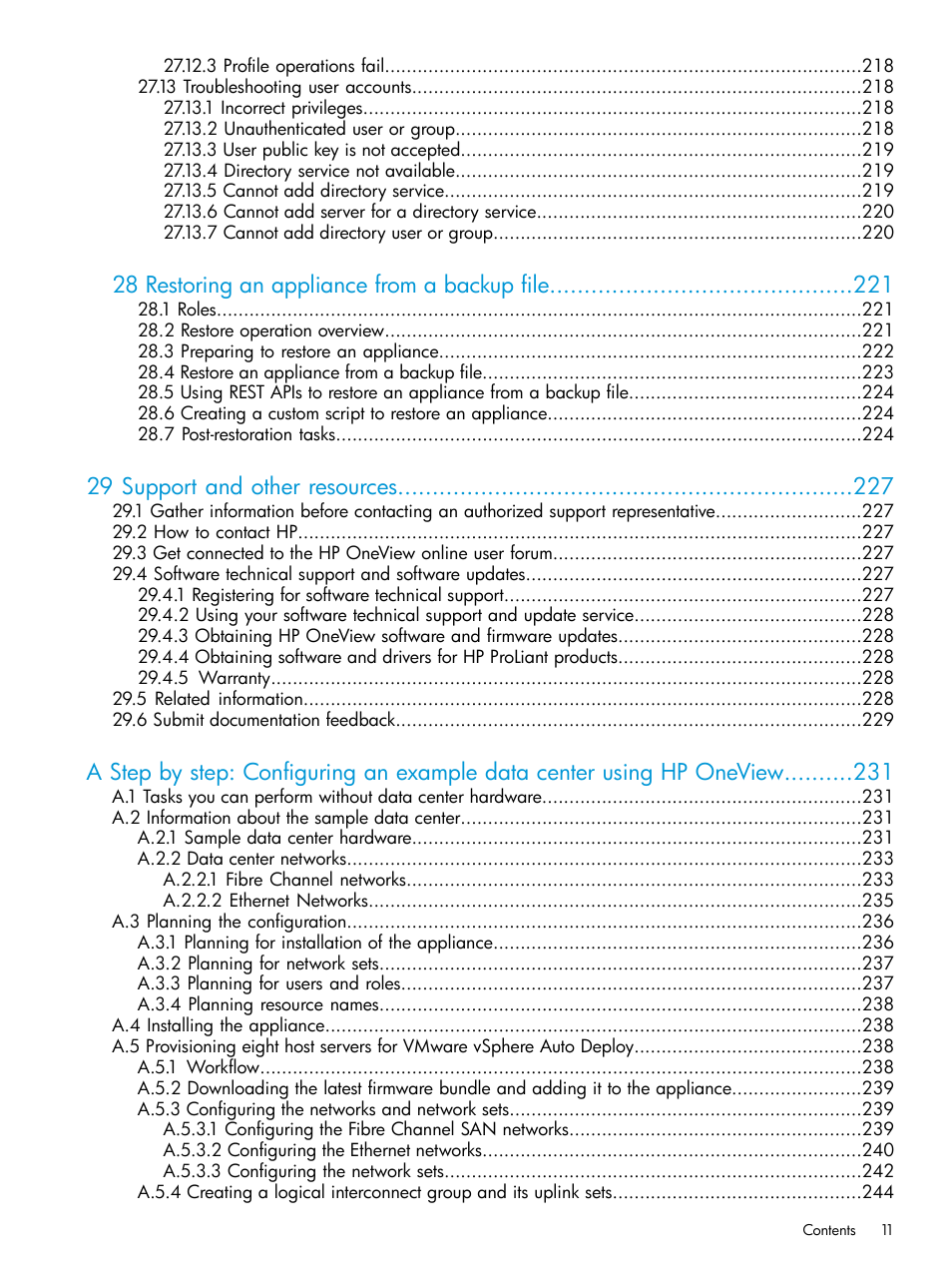 28 restoring an appliance from a backup file, 29 support and other resources | HP OneView User Manual | Page 11 / 297