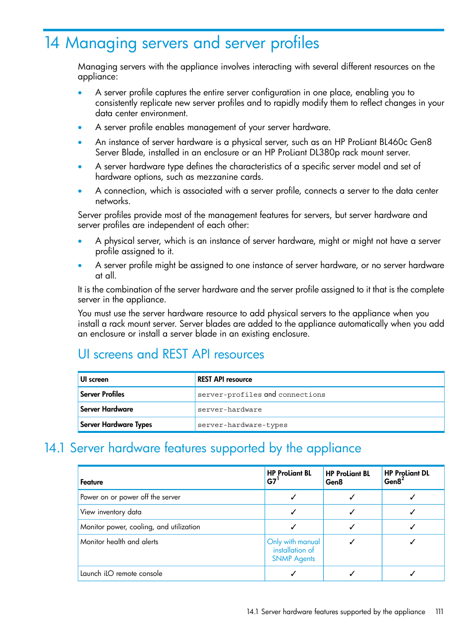 14 managing servers and server profiles, Managing servers and, Server hardware | Ui screens and rest api resources | HP OneView User Manual | Page 111 / 297