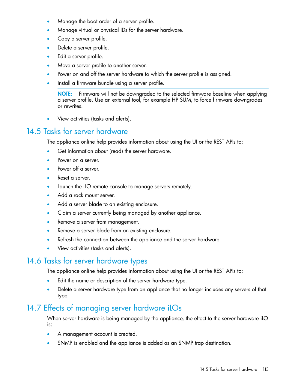 5 tasks for server hardware, 6 tasks for server hardware types, 7 effects of managing server hardware ilos | HP OneView User Manual | Page 113 / 297